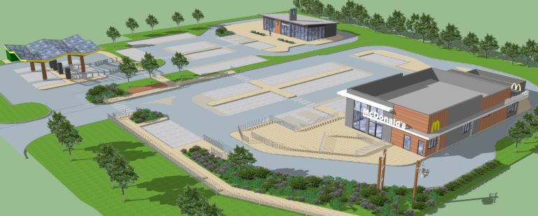 CGI graphic for a business paark with two drive-thru's and electric charging point